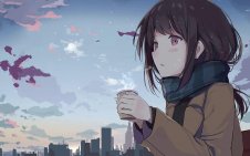 Anime Girl Holding Tea Outside