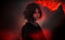 Melina near the burning tree