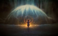 anime girl stands near the Waterfall