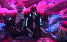 Cyberpunk Couple sitting in Night City