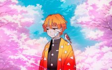 Zenitsu with a bird in cherry blossom