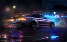 BMW M4 Parked On A Wet Road At Night