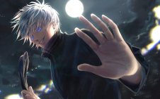 Gojo Satoru With Snow-white Hair Against A moon