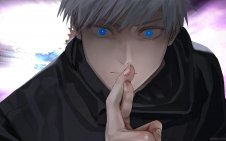 Satoru Gojo with Finger Cross and blue Sharp Eyes