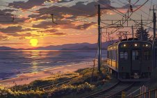 Anime train at sunset