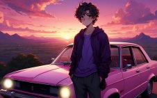 anime boy with pink car