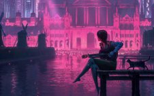 Cyberpunk girl playing guitar