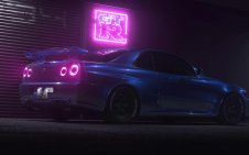 supercar nissan gtr r34 at snowing night