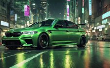 Green BMW M5 in night city