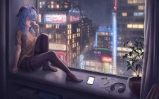 Ganyu drinking tea on the window