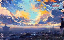 Landscape sea ships and girl on the shore