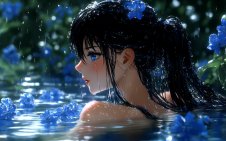 girl bathed in blue flowers