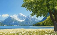 lake by snowy peaks
