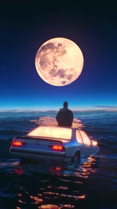 man sitting on car floating in the ocean live wallpaper