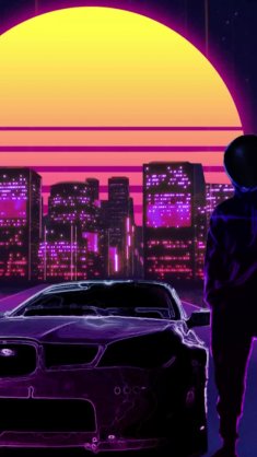 subaru in synthwave city live wallpaper