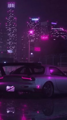parked mazda rx-7  in purple  city live wallpaper
