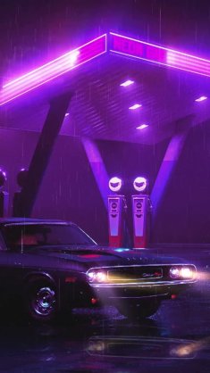car in neon gas station live wallpaper