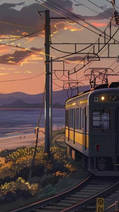 anime train at sunset live wallpaper