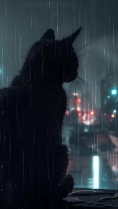 black cat in rain live wallpaper