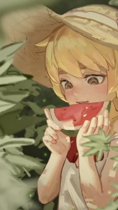 shinobu oshino with a slice of watermelon (kiss-shot ) live wallpaper