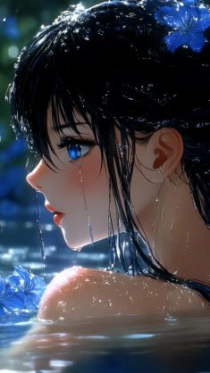 girl bathed in blue flowers live wallpaper