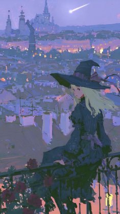 witch above the dusk city live wallpaper
