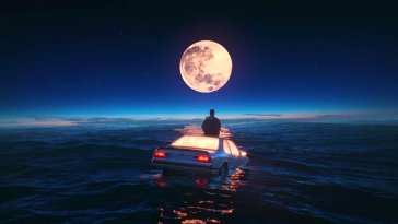 man sitting on car floating in the ocean live wallpaper