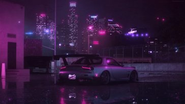 parked mazda rx-7  in purple  city live wallpaper