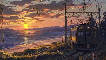 anime train at sunset live wallpaper