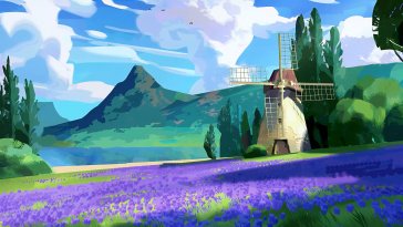 windmill in flower field live wallpaper