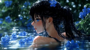 girl bathed in blue flowers live wallpaper