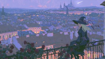 witch above the dusk city live wallpaper
