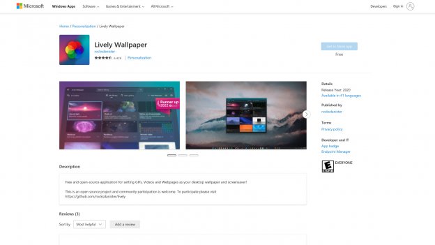 Lively Wallpaper page om Microsoft store