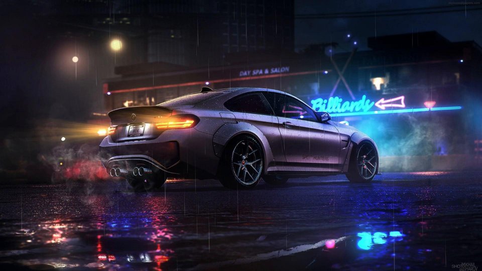 Bmw M4 Parked On A Wet Road At Night