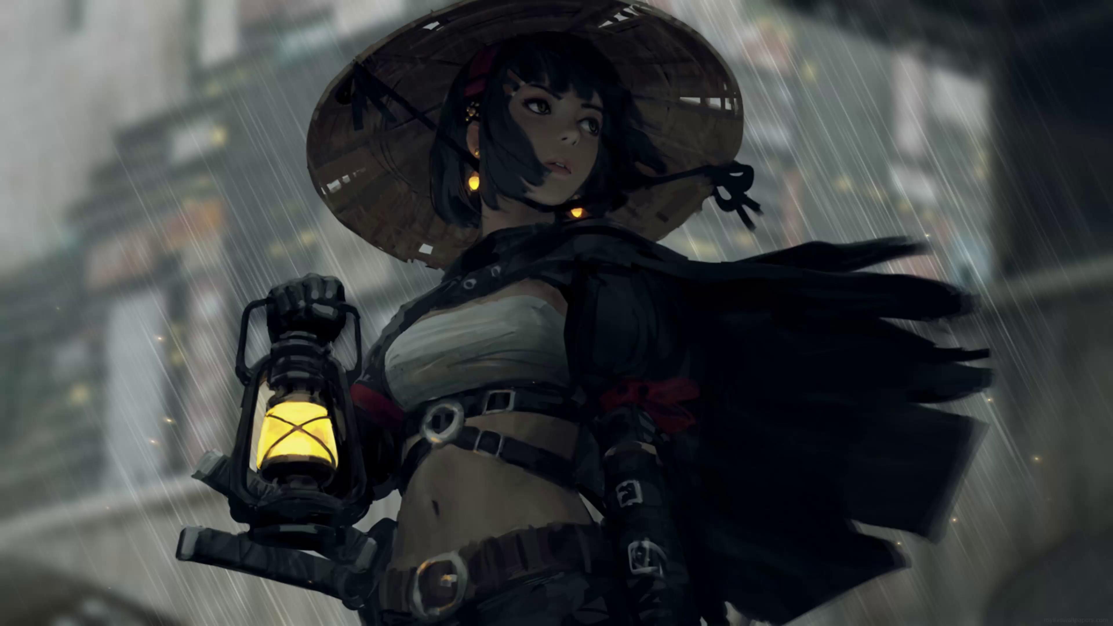 Tsubaki of Dancing Lights Samurai-girl-rain-lantern.3840x2160