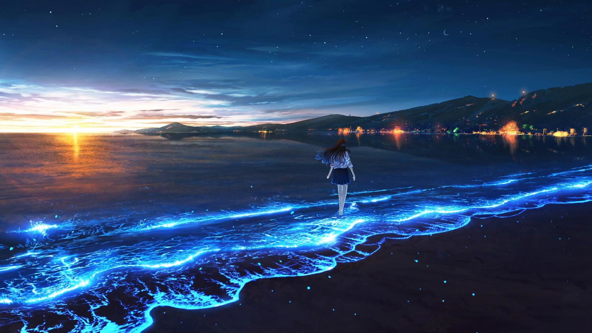 Girl on the Beach at Night Live Wallpaper