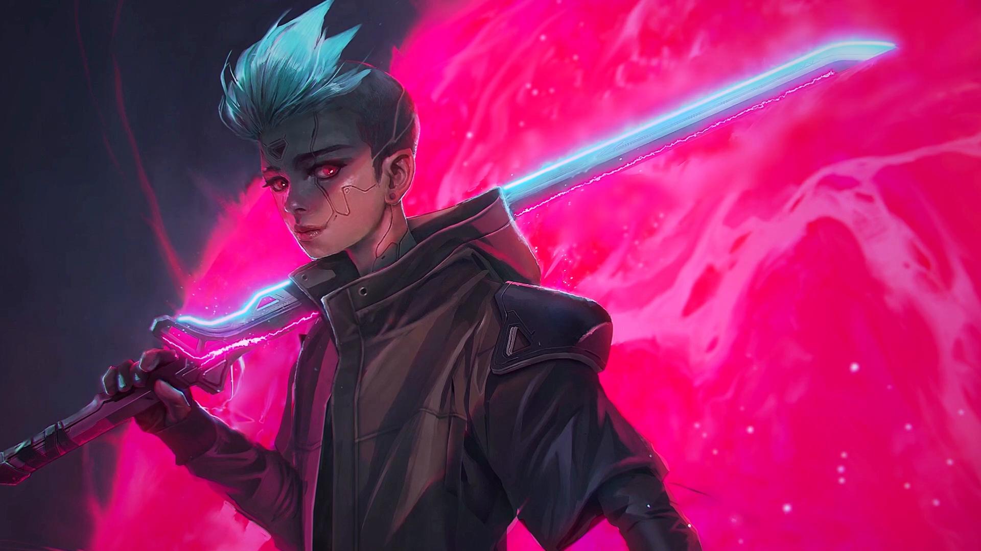 Cyberpunk Neon Samurai Sword Warrior HD WALLPAPER 