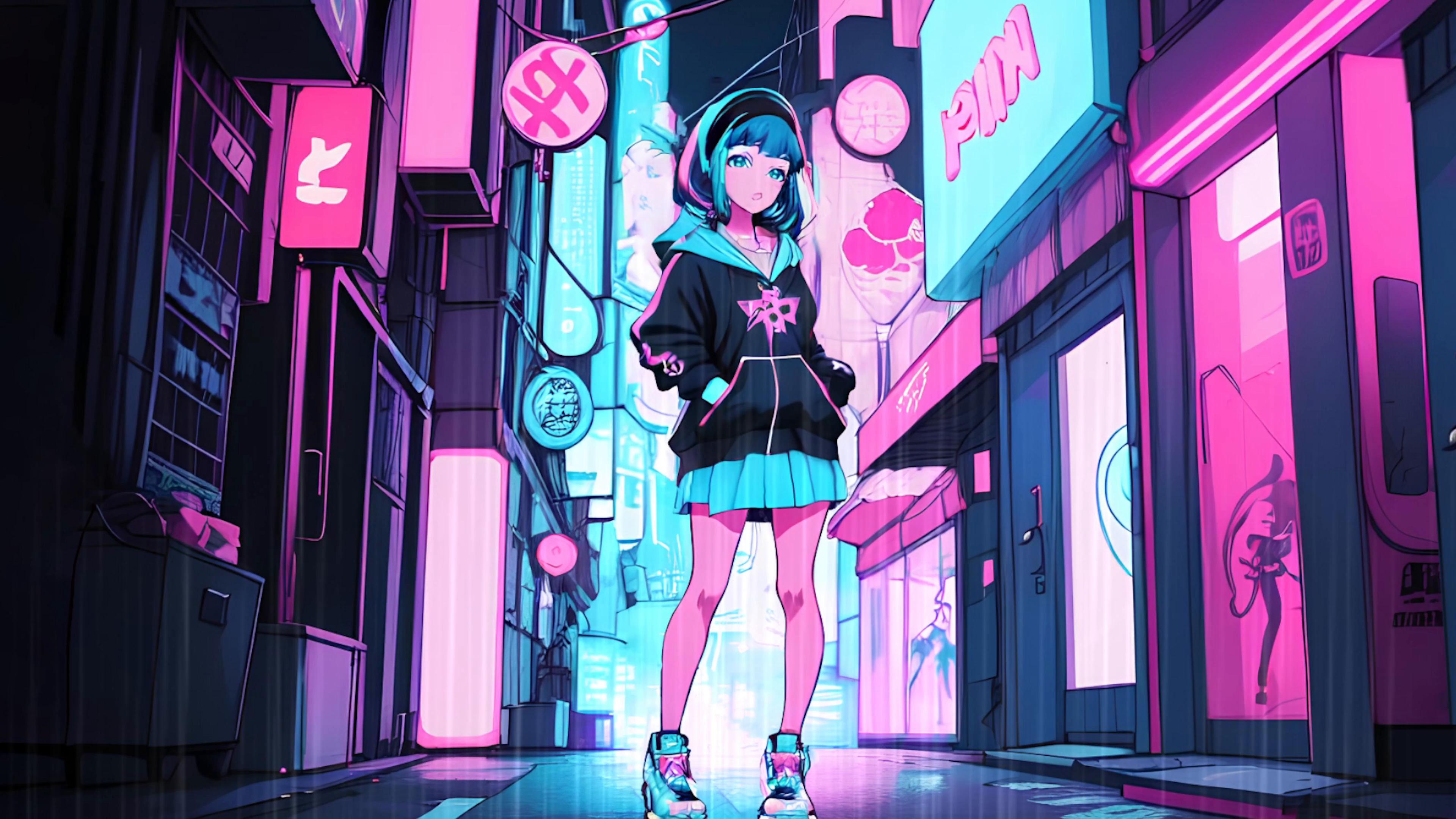 Girl in Neon City Live Wallpaper