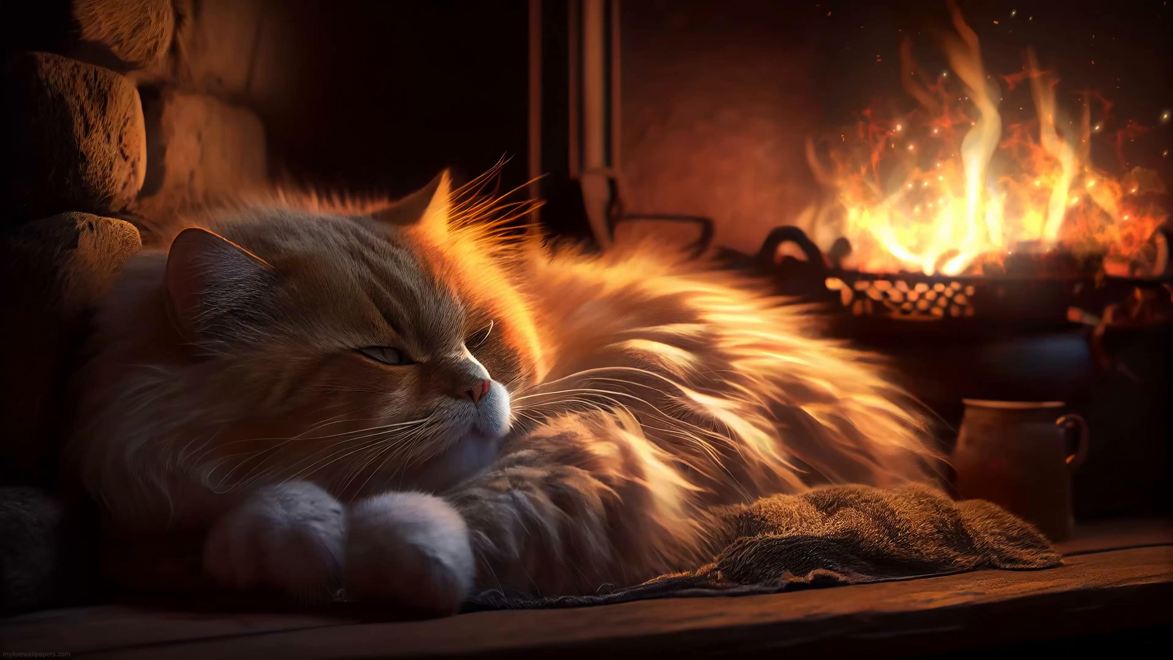 Cat by the Fireplace Mobile Live Wallpaper