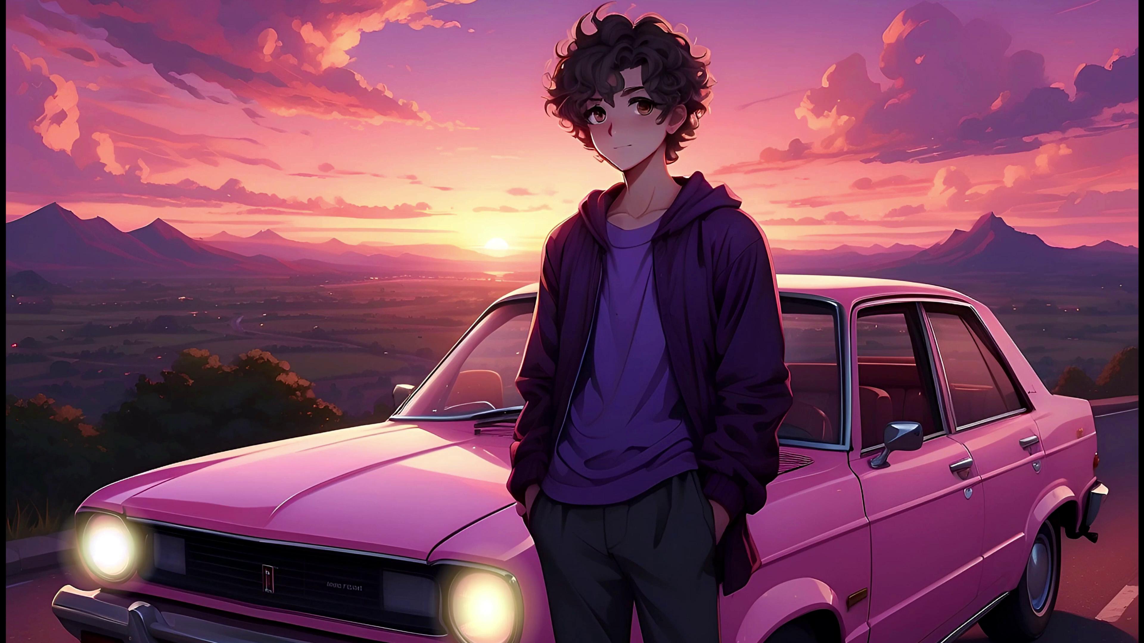 Anime Boy With Pink Car Live Wallpaper