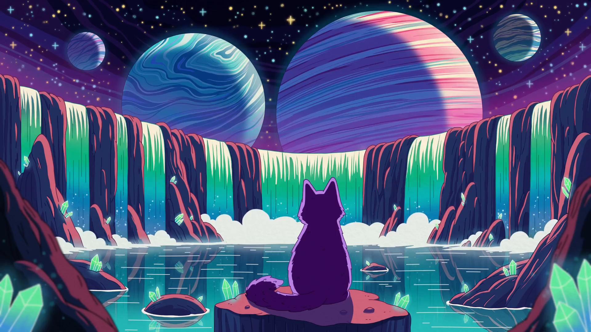 Purple Cat And Planets Mobile Live Wallpaper