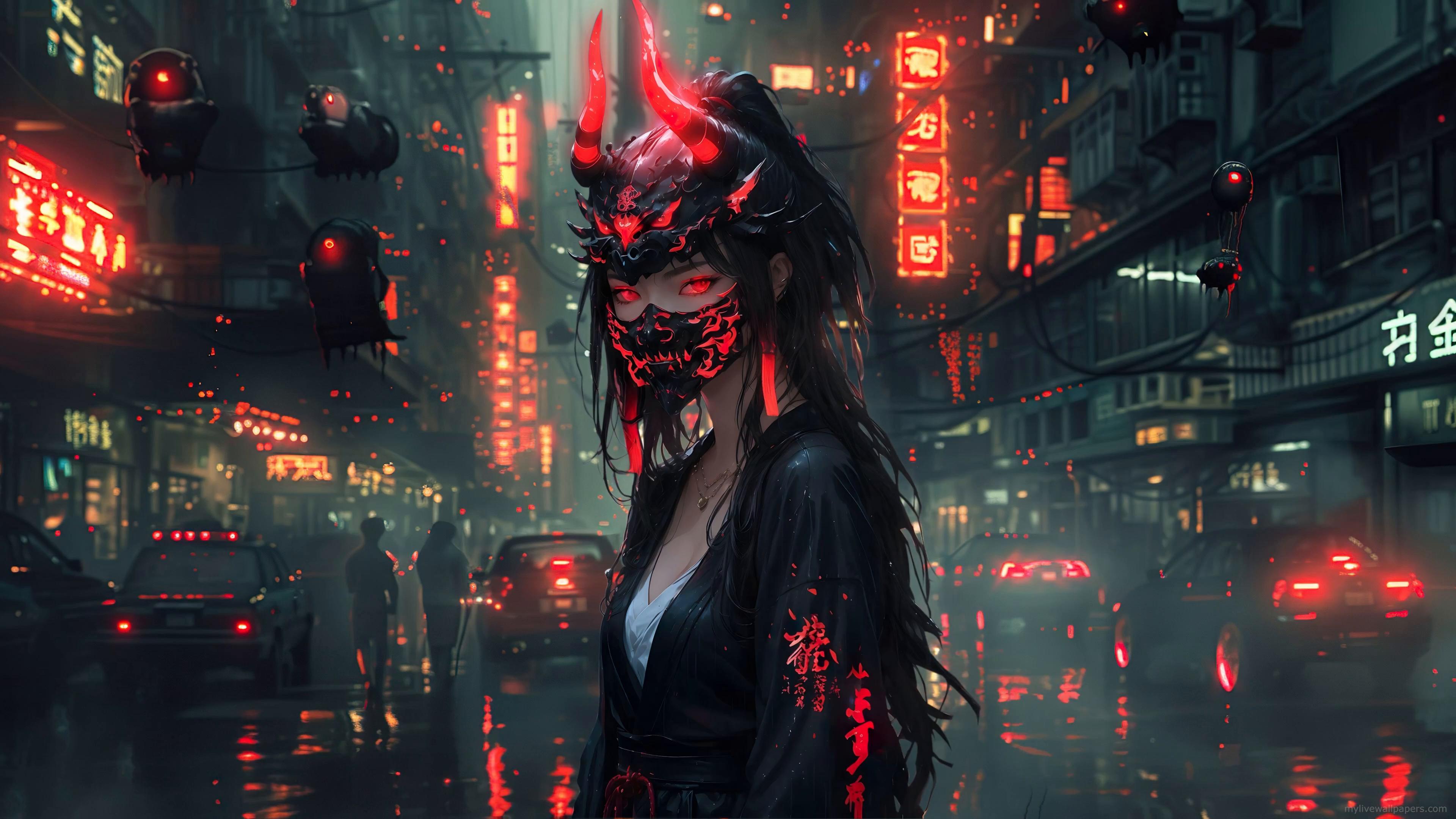 Oni Mask Girl Live Wallpaper