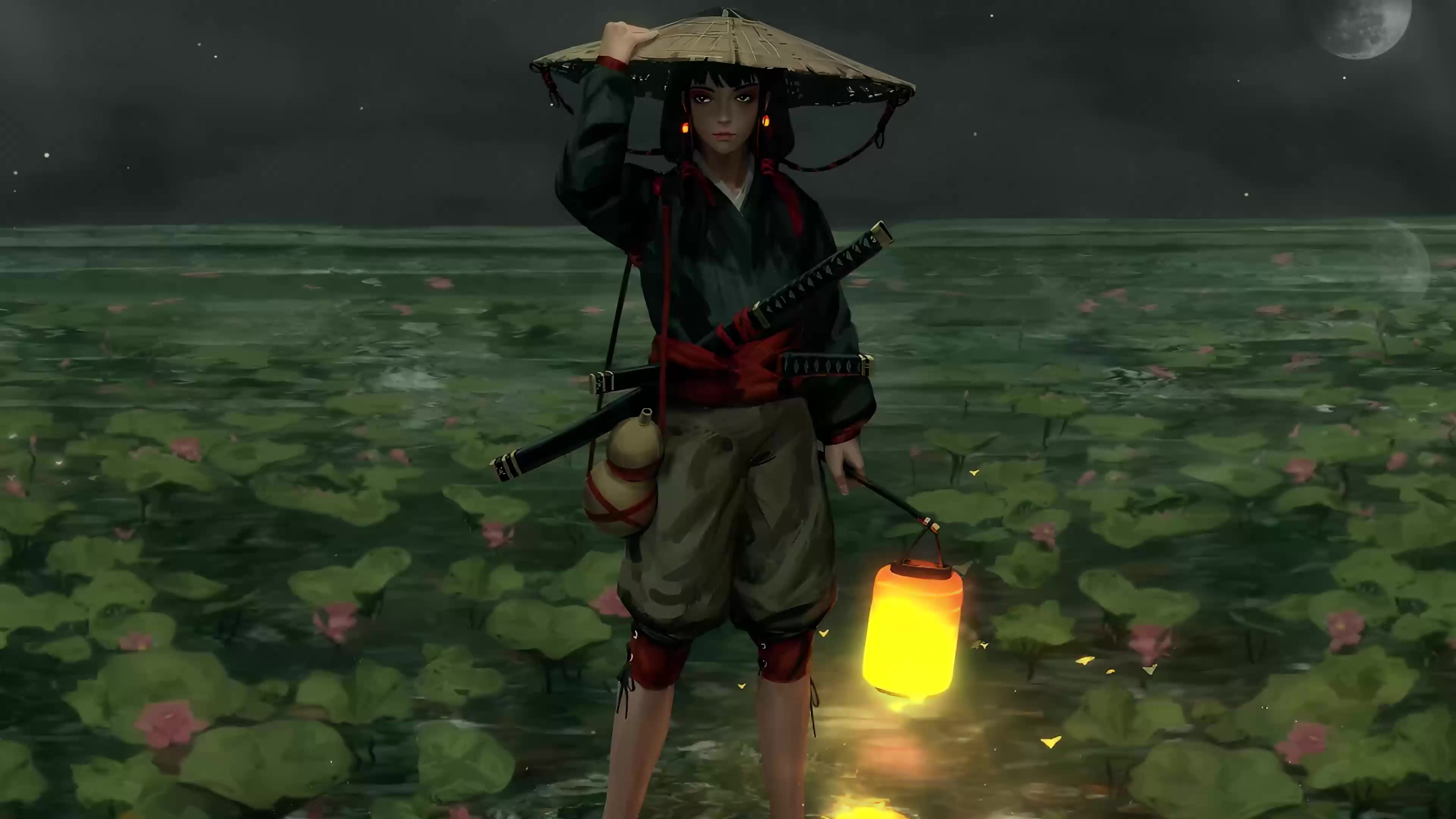 Samurai Girl Among Lilies Live Wallpaper